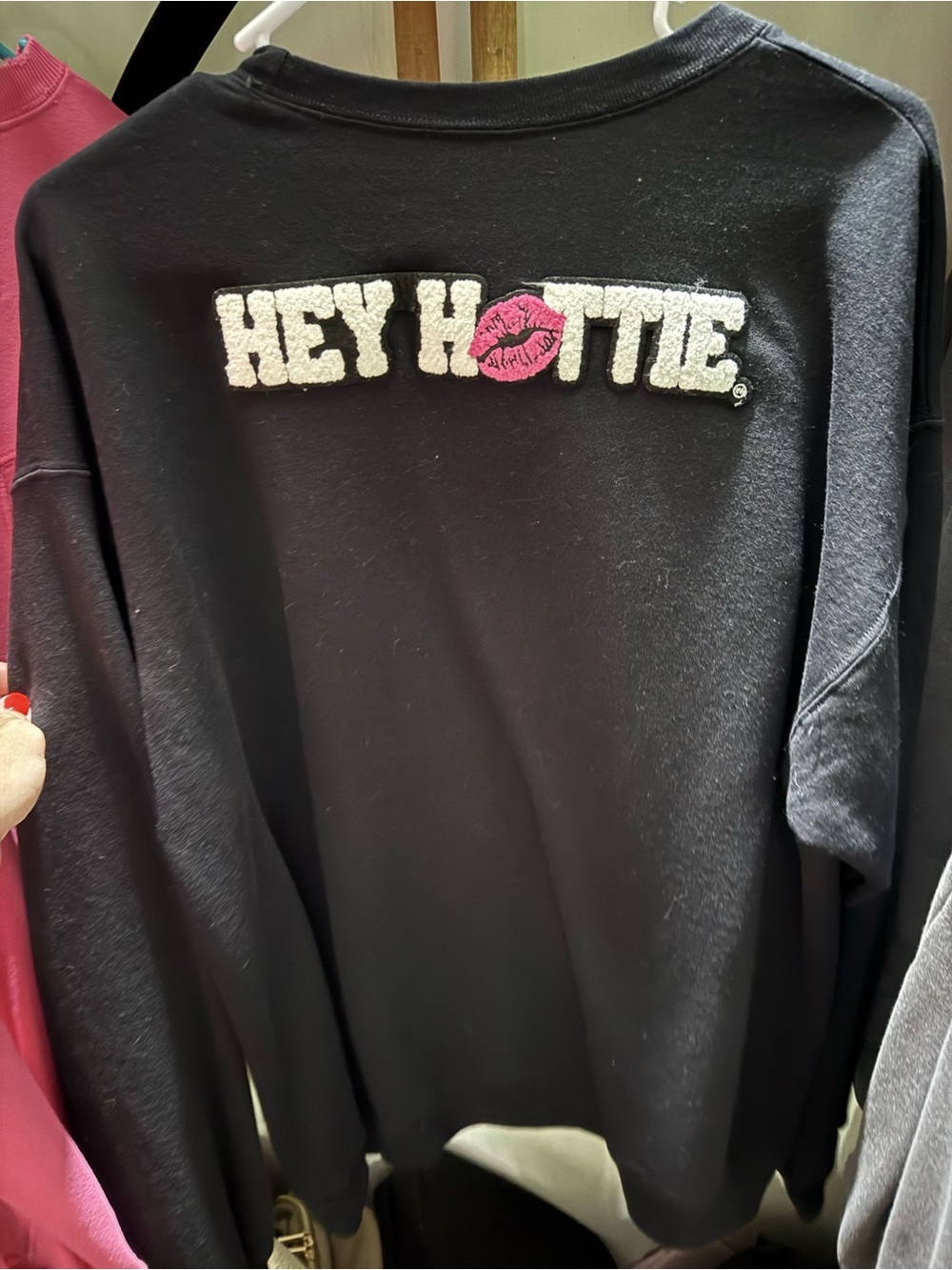 Hey Hottie Black Graphic Sweatshirt with Pink Lip Patch